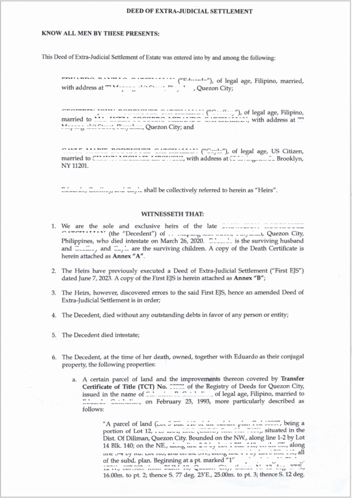 Extrajudicial Partition Sample Deed of Extrajudicial Settlement of Estate in the Philippines