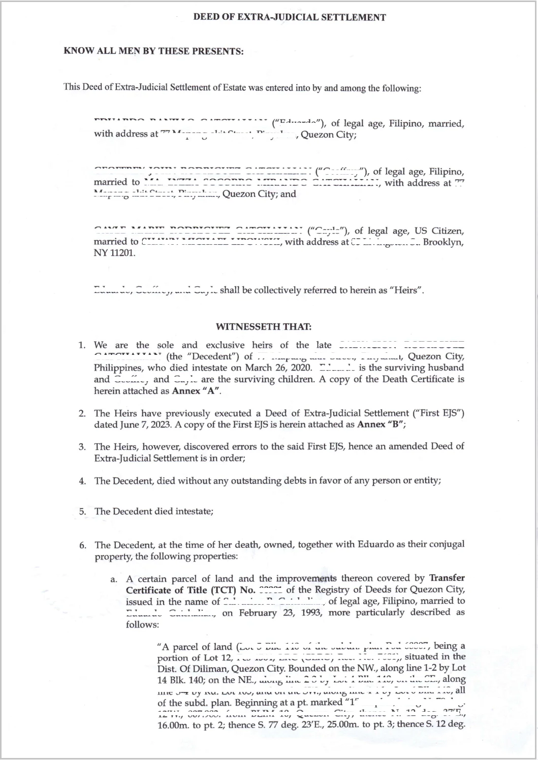 Deed of Extrajudicial Settlement of Estate Sample